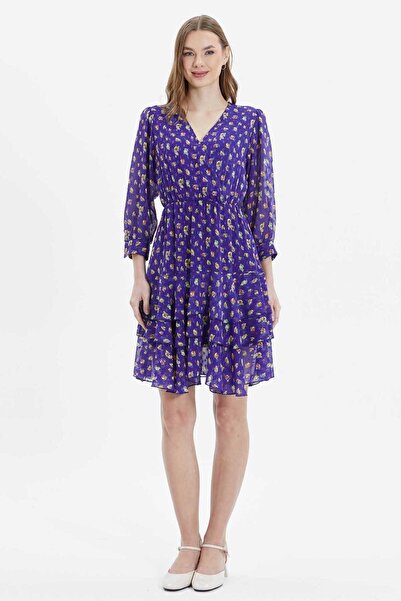 Selen Kruvaze Eteği Üç Kat Volan Çıtır Çiçek Desen Elbise / MAVİ