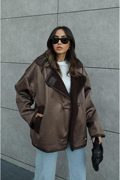 gm giyimarket Women's Zr Model Suede Leather Oversized Coat Jacket with Plush...