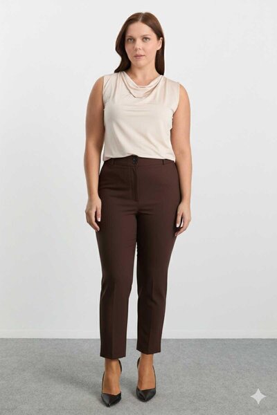 Selen Büyük Beden Paça Arkası Uzun Fermuarlı Pantolon / KAHVE