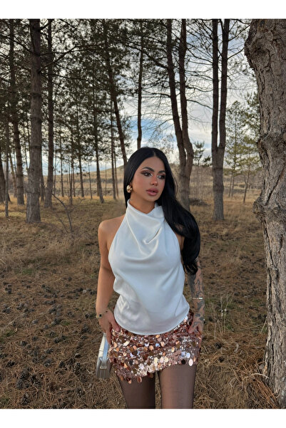 kırmızı butiks Beyaz Boyundan Geçmeli Saten Bluz