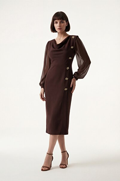 Lafaba Women's Brown Degaje Collar Midi Event Dress