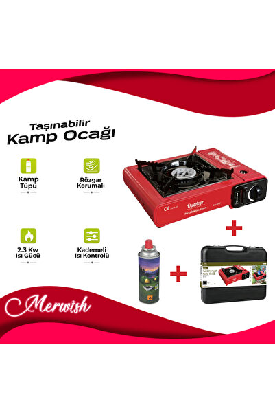 Merwish Taşınabilir Kamp Ocağı Seti 2.3 kW GAZ HEDİYELİ Rüzgar Korumalı Kadem...