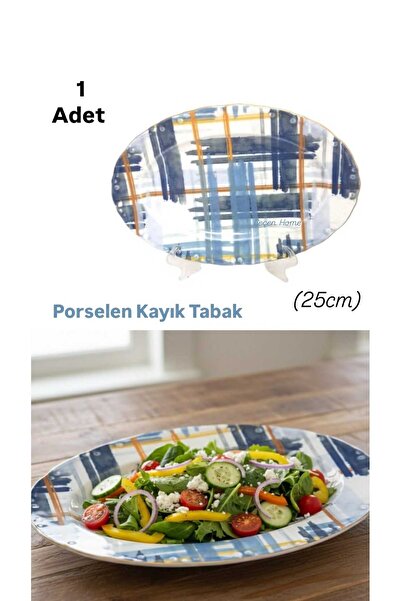 ÇEÇEN HOME 1 Adet Batik Desenli Küçük Boy Kayık Porselen Tabak, Oval Salata T...