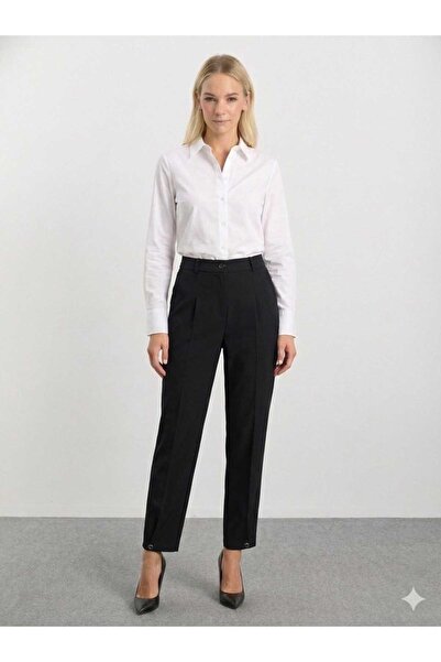 Selen Paçası Düğmeli Arka Beli Lastikli Pantolon / SİYAH