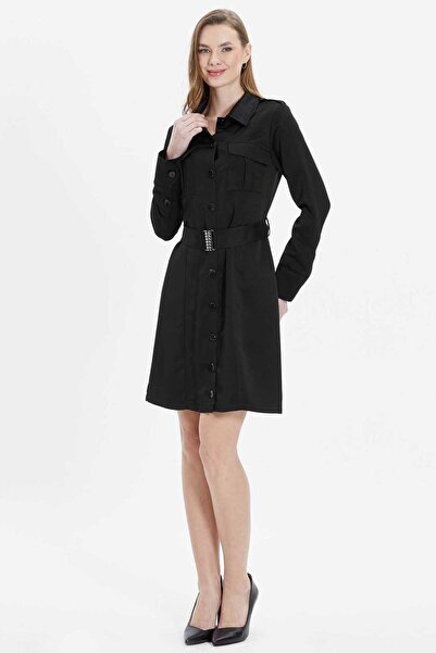 Selen Belden Kemerli Dıştan Cep Önü Düğmeli Elbise / SİYAH