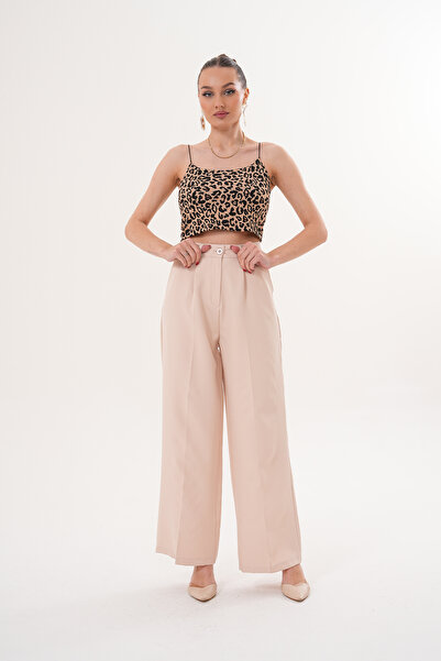 THE WOOW Women's High Waist Fabric Buttoned Pleated Palazzo Beige Trousers