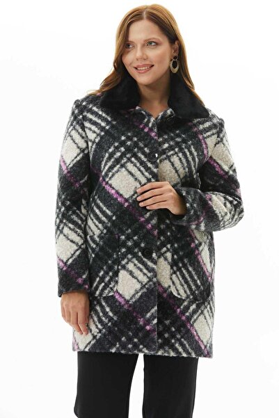 Selen Büyük Beden Yakası Kürklü Ekose Kaban / MOR