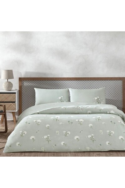 Taç Double bed linen 100% cotton ranforce, TAC, Aveste green with white flowers