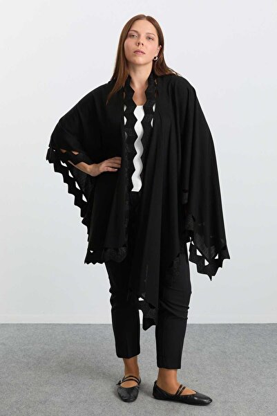 Selen Önü Dilimli Simli Triko Panço / SİYAH