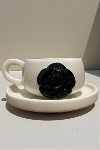 YUUGI CERAMIC Handmade Black Floral Turkish Coffee Cup Set 70 ml (2 Pieces)