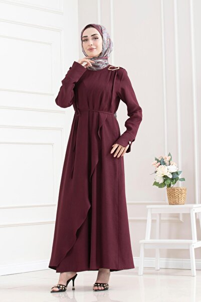Sevitli Hijab Dress with Shoulder Buckle Detail - Bordo