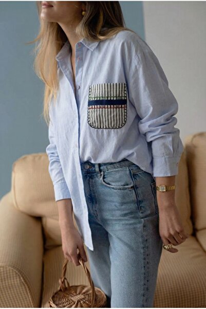 FEMELLE Women's Blue Pocket Embroidered 100% Cotton Shirt