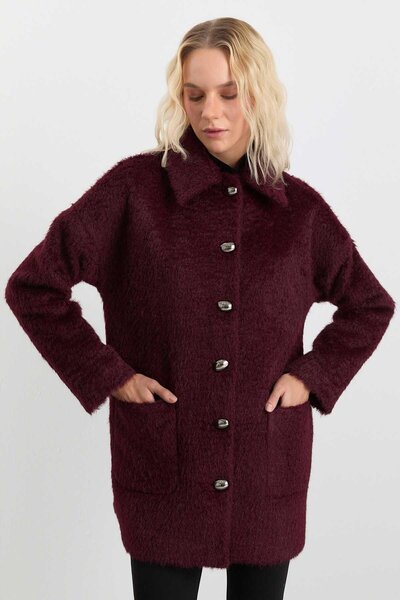 Selen Şömizye Yaka Dıştan Cep Tüylü Kaban / BORDO