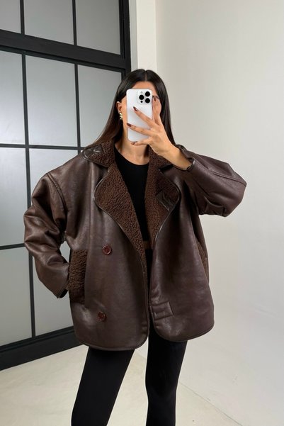gm giyimarket Women's Zr Model Suede Leather Oversized Coat Jacket with Plush Inside