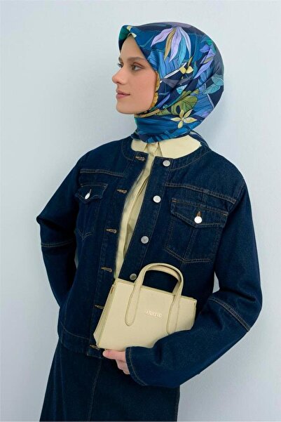 Armine Sura Pure Silk Scarf 9500 - 32 Navy Blue Yellow Floral Pattern