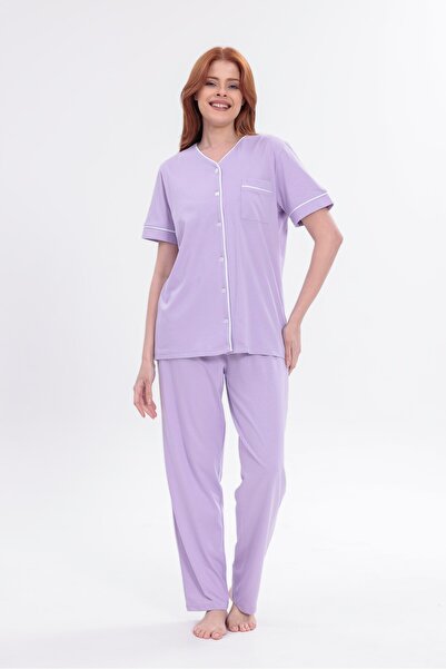 BLACKMORE Women's Lilac Front Buttoned Cotton Short Sleeve Pajama Set