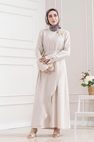 Sevitli Hijab Dress with Shoulder Buckle Detail-Beige