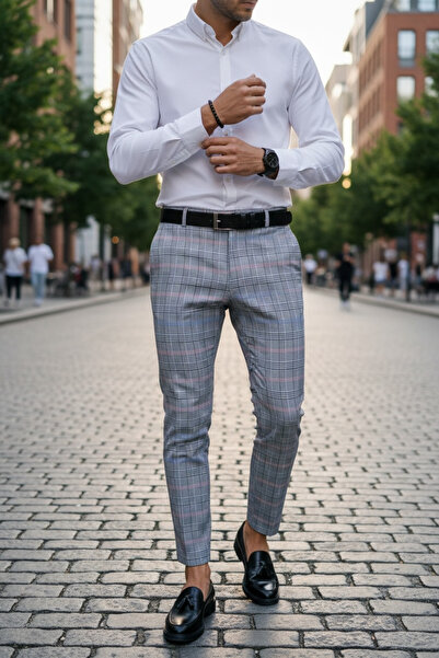 dehaine Men's casual pants, plaid, slim fit, Gray, B1561