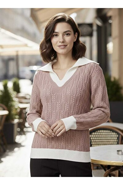 AQE FASHION Women's Knitwear Sweater Powder Wide V-Neck Long Sleeve Hair Brai...