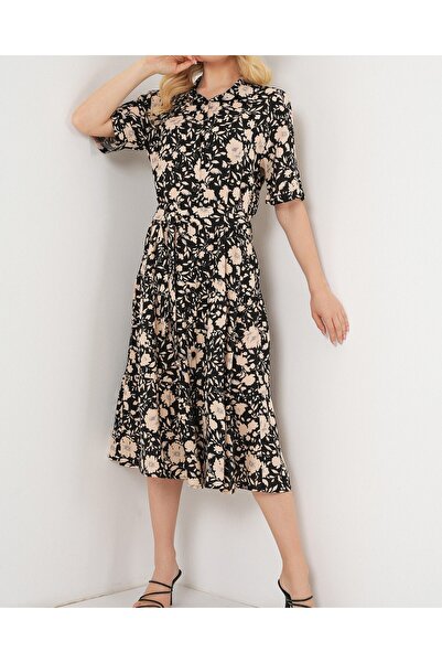 Modamorfo Women's Short Sleeve Patterned Dress 2560 - Black