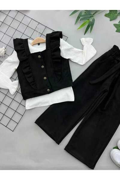 TOMICCA Girl's 3-Piece Black Suede Set with Palazzo Pants