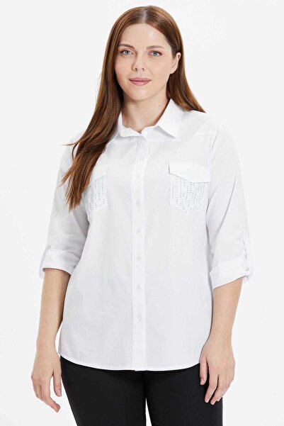 Selen Büyük Beden Cepleri Taşlı Kolu Kıvırmalı Gömlek / BEYAZ