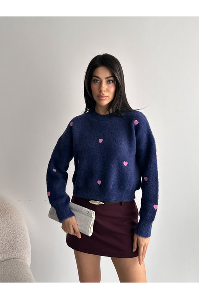 FERZOLAİO Pink Heart Bearded Navy Blue Sweater