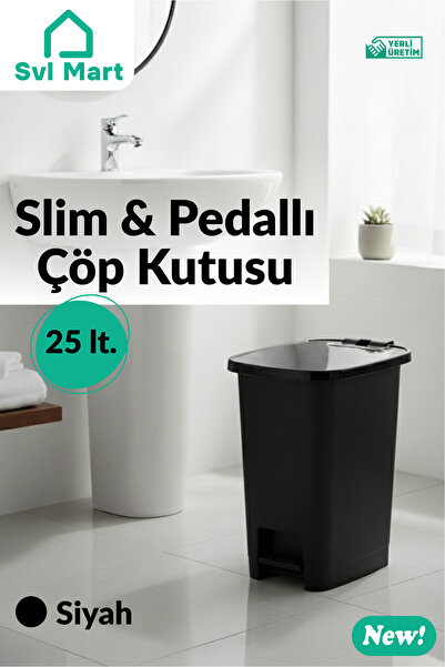 SVL MART 25 Litre Slim & Pedallı Plastik Çöp Kovası Çöp Kutusu İç Kovasız Sistem