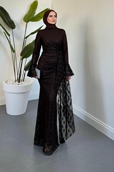 MERVEN AKYÜZ Cavina İspanyol Kol Dantel Elbise Kahverengi