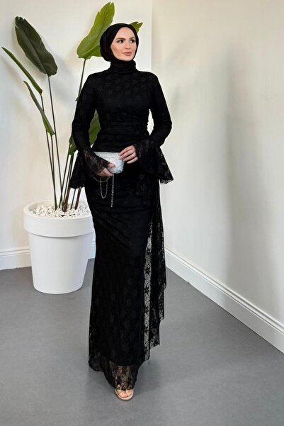 MERVEN AKYÜZ Cavina İspanyol Kol Dantel Elbise Siyah
