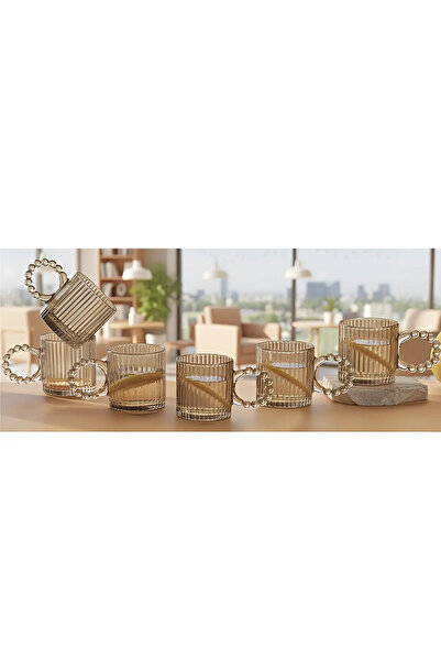 Herum Set de 6 căni, sticlă, model în relief, mâner cu mărgele, transparent, ...