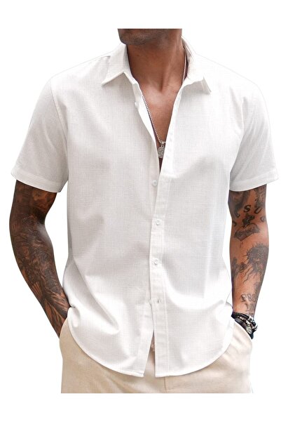 COOFANDY Ανδρικό Πουκάμισο, COOFANDY, Κοντομάνικο, Casual Λινό, Λευκό L