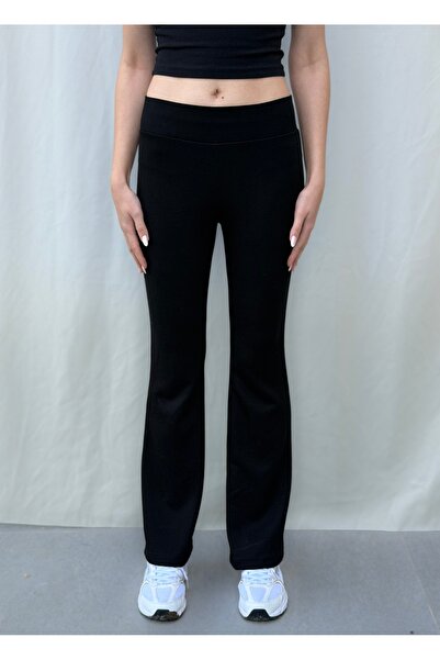 olleo studio Kadın Siyah İspanyol Paça Yüksek Belli Eşofman altı