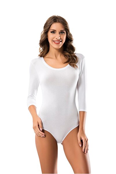 OBJE Women's White Combed Cotton Modal Wide Collar Capri Sleeve Snap Fastener...