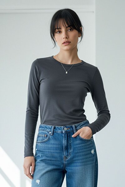 Mood Lab Kadın Basic Uzun Kol Bisiklet Yaka Likrasız Slim Fit Tişört