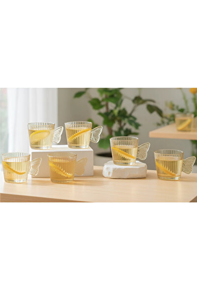 Herum Set de 6 căni, sticlă, model în relief, mâner fluture, transparent, 120 ml