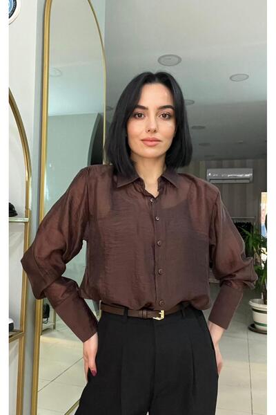 Passion Moda Evi Kahverengi Vatkalı Transparan Gömlek