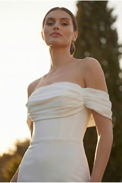 berissima bride Şifon Drapeli Düşük Kol Nikah Elbisesi, Kırık Beyaz, Midi Yır...