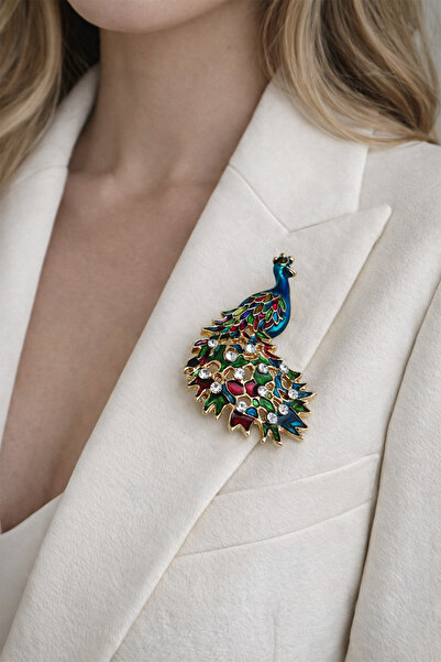 Modex Renkli Taş Süslemeli Mineli Tavuskuşu Broş (6cm)