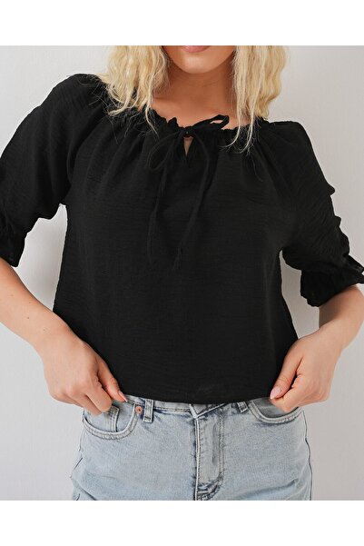 Modamorfo Women's Ruffle Collar Detailed Blouse 959 - Black