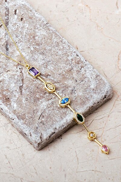 Sümer Telkari Geometrik Renkli Taşlı 925 Ayar Gümüş Kolye 8103