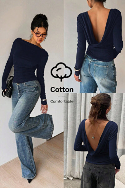 COOL TARZ بلوزة نسائية من القطن المرن باللون الأزرق الداكن بأكمام طويلة وظهر ...