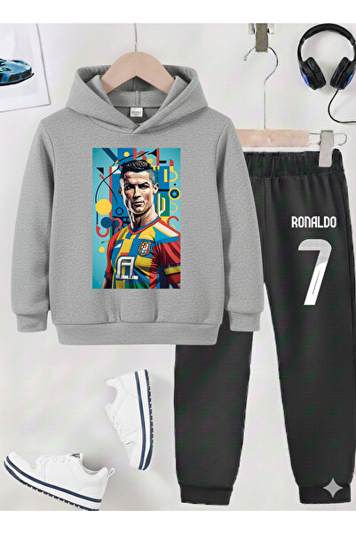 stil x طقم بدلة رياضية للأولاد مطبوع عليه رونالدو، قماش مزخرف بثلاث خيوط