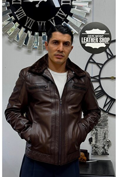 derimont معطف من جلد الخراف الأصلي مع ياقة من الفرو، معطف من الجلد البني العتيق