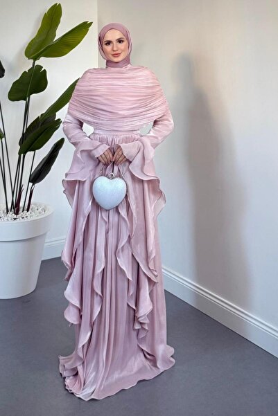 MERVEN AKYÜZ Naruna Pelerinli Fırfırlı Abiye Pudra