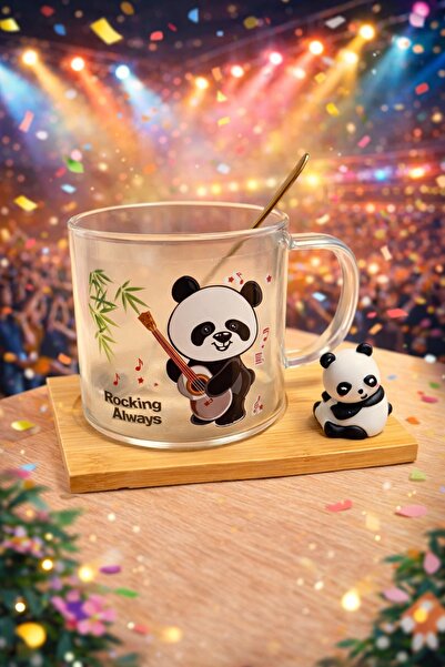 Two Two Premium Panda Design Glass Mug – 220ml with Spoon – Cute Coffee/Tea C...