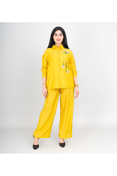 IKKXA Modern Two-Piece Outfit Soild Shirt and Pants Embroidery Side Details