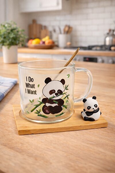 Two Two Premium Panda Design Glass Mug – 220ml with Spoon – Cute Coffee/Tea C...