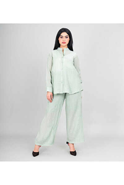 IKKXA طقم عصري من قطعتين، قميص وبنطال بلون موحد، قماش شفاف