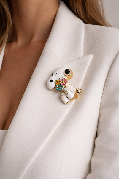 Modex Taşlı Çiçek Detay Sevimli Snoopy Köpek Broş (3cm)